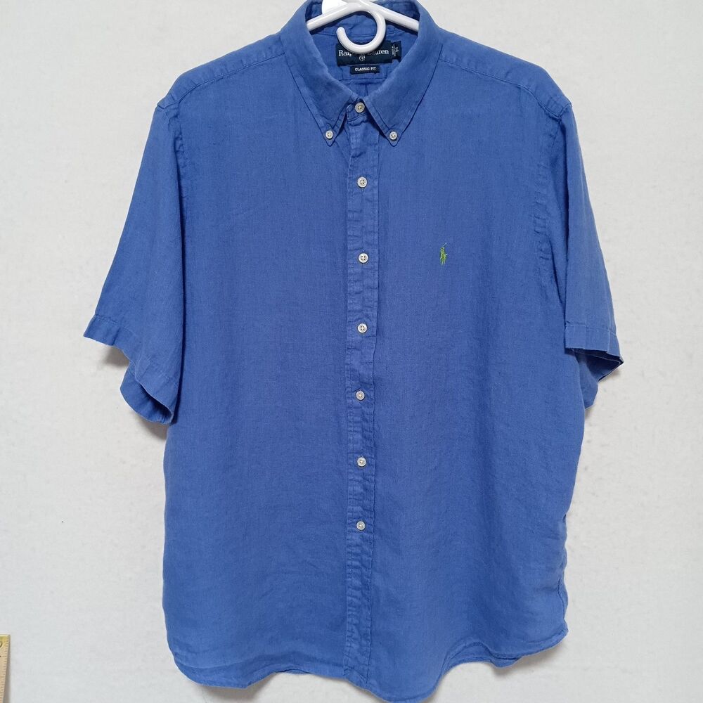 Polo Ralph Lauren Shirt Mens XL Blue 100% Linen Button Up Coastal Preppy